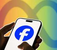 A smartphone displays the Facebook logo, with the Meta logo in the background