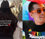 Composite image. On the left, a woman pulls a suitcase with a caption 'me because I'd rather move to China than Instagram Reels' and on the right a man celebrates at Shanghai Pride in 2017