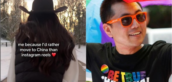 Composite image. On the left, a woman pulls a suitcase with a caption 'me because I'd rather move to China than Instagram Reels' and on the right a man celebrates at Shanghai Pride in 2017