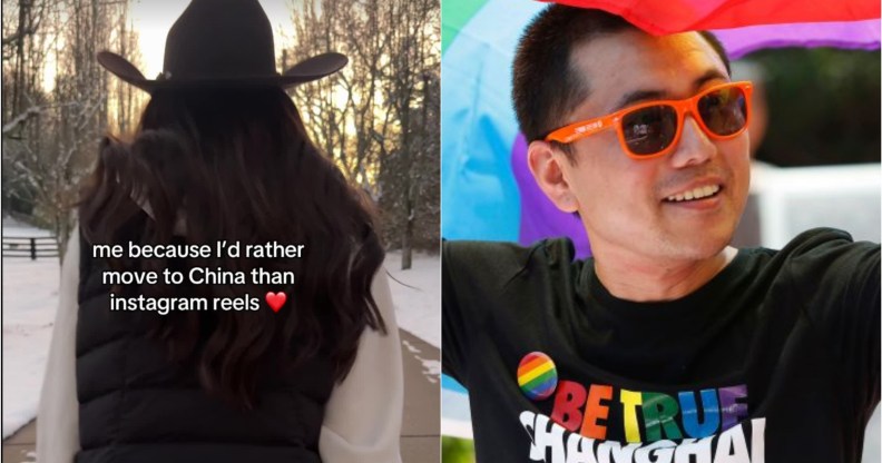 Composite image. On the left, a woman pulls a suitcase with a caption 'me because I'd rather move to China than Instagram Reels' and on the right a man celebrates at Shanghai Pride in 2017