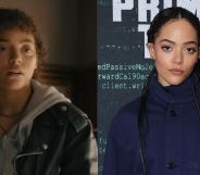 On the left, a screenshot from the trailer for Apple TV+ series Prime Target, featuring Quintessa Swindells as a NSA agent. On the right, Quintessa Swindells in a blue jacket at the red carpet premiere of Prime Target.