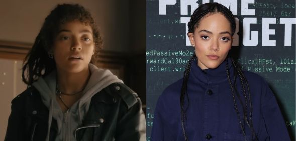 On the left, a screenshot from the trailer for Apple TV+ series Prime Target, featuring Quintessa Swindells as a NSA agent. On the right, Quintessa Swindells in a blue jacket at the red carpet premiere of Prime Target.