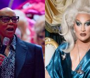 RuPaul (left) speaking into a microphone on the opening day of DragConUK 2025. The Vivienne (left) at Drag Con LA in 2022.