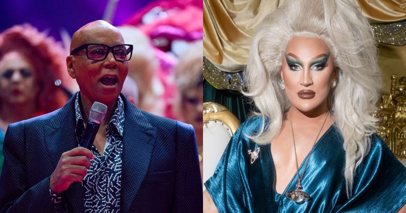 RuPaul (left) speaking into a microphone on the opening day of DragConUK 2025. The Vivienne (left) at Drag Con LA in 2022.