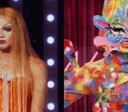 On the left, Lucky Starzzz in her orange design look on episode three of rupaul's drag race season 17. on the right, Lucky Starzzz in her entrance look in episode one of rupaul's drag race season 17.