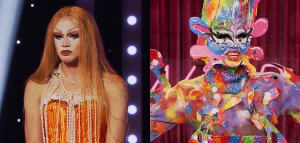 On the left, Lucky Starzzz in her orange design look on episode three of rupaul's drag race season 17. on the right, Lucky Starzzz in her entrance look in episode one of rupaul's drag race season 17.