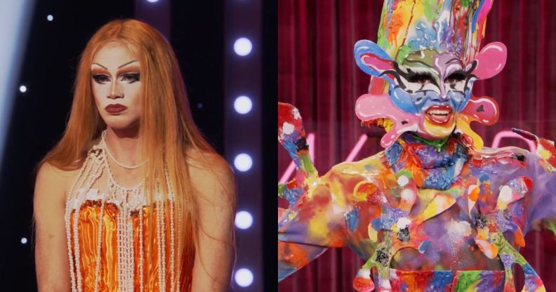 On the left, Lucky Starzzz in her orange design look on episode three of rupaul's drag race season 17. on the right, Lucky Starzzz in her entrance look in episode one of rupaul's drag race season 17.