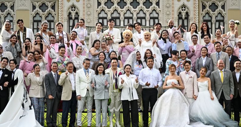 Thailand's Prime Minister Paetongtarn Shinawatra poses for photos with same-sex couples and members of LGBTQ community to promote "Marriage Equality Day" at the Government House in Bangkok on January 15, 2025