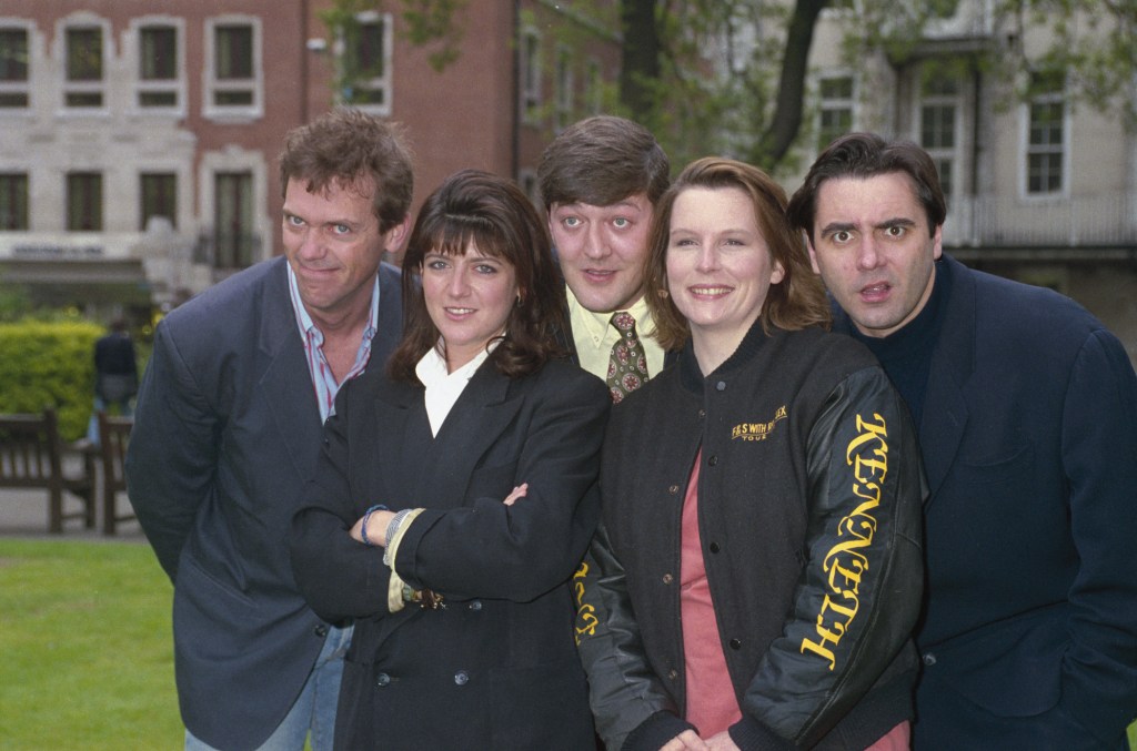 From left to right, Hugh Laurie, Emma Freud, Stephen Fry, Jennifer Saunders and Tony Slattery, 25th April 1991. (Photo by Dave Benett/Hulton Archive/Getty Images)