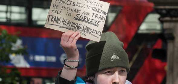 Transgender people and their supporters gather in Parliament Square ahead of a march through central London to protest against a ban on puberty blockers in London, United Kingdom on April 20, 2024.