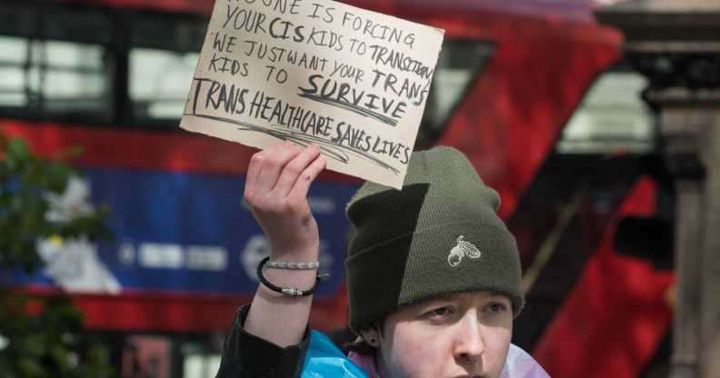 Transgender people and their supporters gather in Parliament Square ahead of a march through central London to protest against a ban on puberty blockers in London, United Kingdom on April 20, 2024.