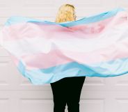 A person wearing a trans flag as a cape.