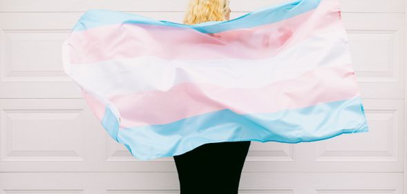 A person wearing a trans flag as a cape.