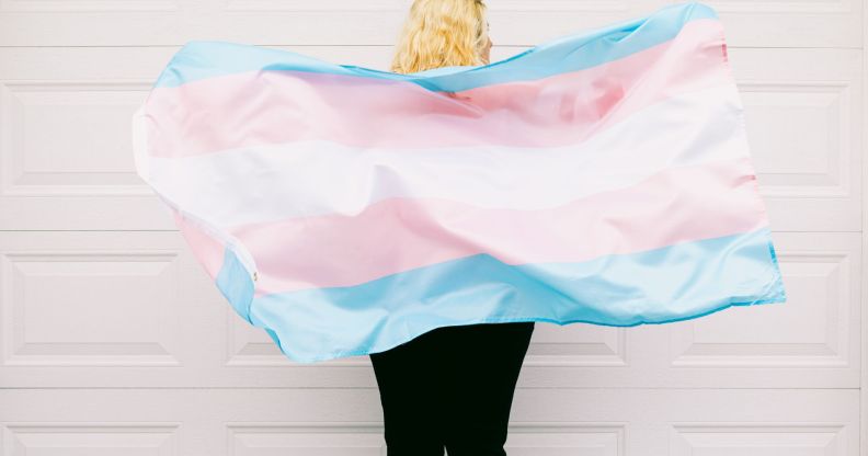 A person wearing a trans flag as a cape.