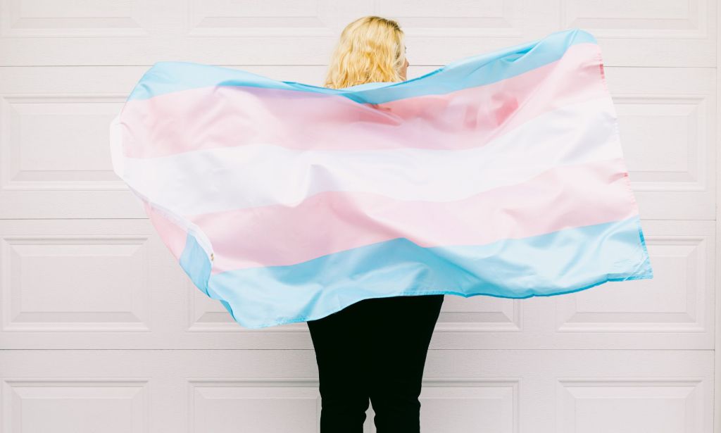 A person wearing a trans flag as a cape.