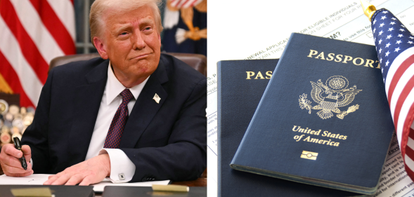 Split photo of President Donald Trump and US passports.