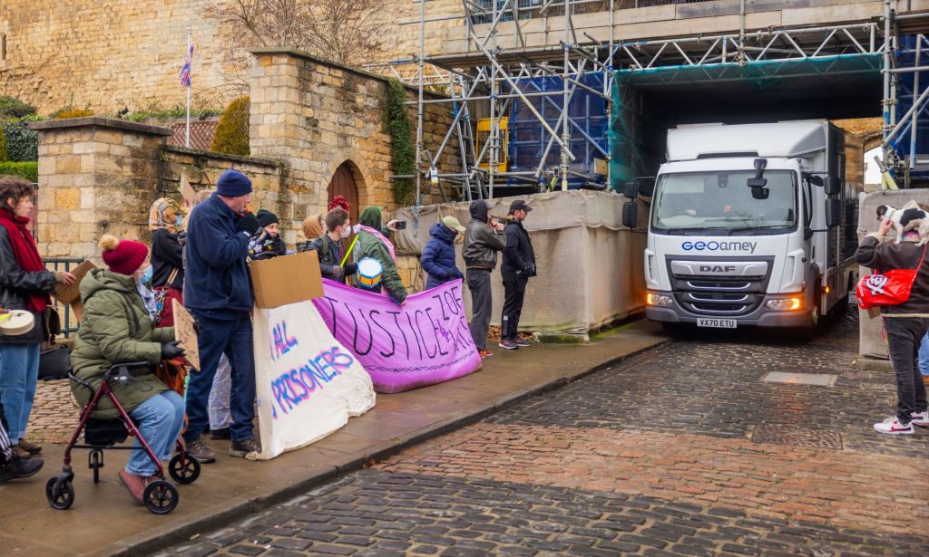 Protestors outside Lincoln Crown Court as Zoe Watts is transported to her hearing.