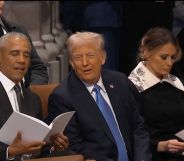 Barack Obama, Donald Trump, and Melania Trump sitting together at Jimmy Carter's funeral