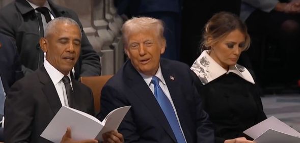 Barack Obama, Donald Trump, and Melania Trump sitting together at Jimmy Carter's funeral