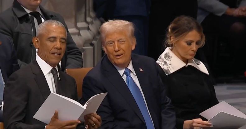 Barack Obama, Donald Trump, and Melania Trump sitting together at Jimmy Carter's funeral