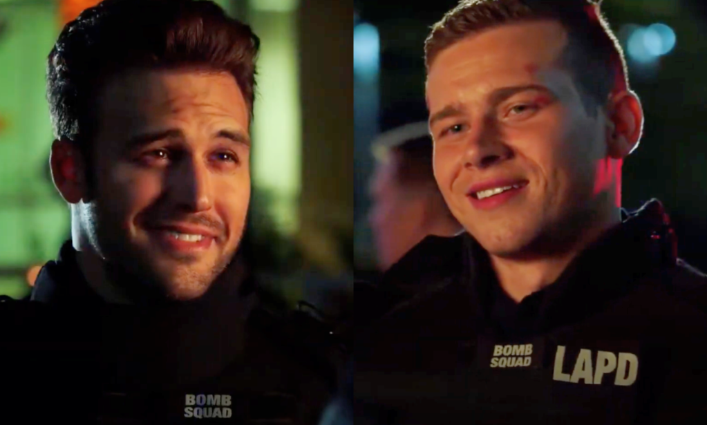 Split screen image of Buck and Eddie smiling at each other.