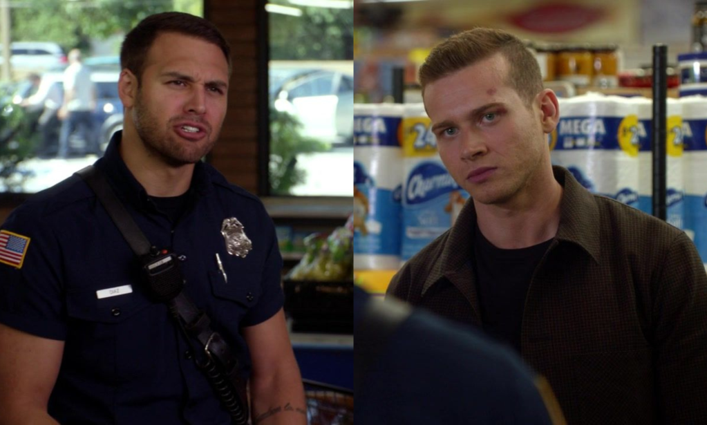 Split screen image of Eddie looking mad and Buck looking sad at the grocery store.