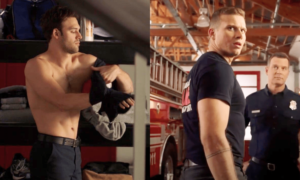 Split screen of Eddie putting a shirt on with his abs out and Buck turning around to look at him with Bobby in the background.