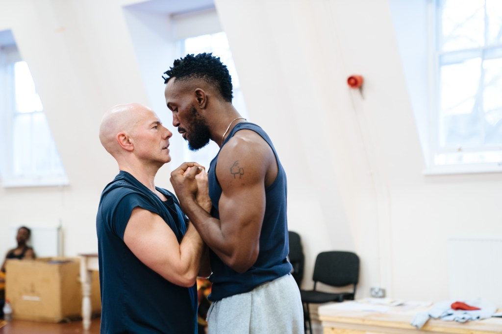 EDWARD II by William Shakespeare ; Rehearsals ; Cast: Jacob James Beswick, Michael Cusick, Emilio Doorgasingh, Enzo Cilenti, Stavros Demetraki, Amy Dunn, Daniel Evans, Ruta Gedmintas, James Hayes, Eloka Ivo, Geoffrey Lumb, Kwaku Mills, Evan Milton, Christopher Patrick Nolan, Henry Pettigrew, Joseph Rowe & Neil Sheffield ; Directed by Daniel Raggett ; Assistant Director: George Jibson ; Movement Directors: Anthony Matsena & Kel Matsena ; Casting Director: Julia Horan CDG ; Royal Shakespeare Company ; RSC ; 20 January 2025 ; Credit and copyright: Helen Murray ; www.helenmurrayphotos.com