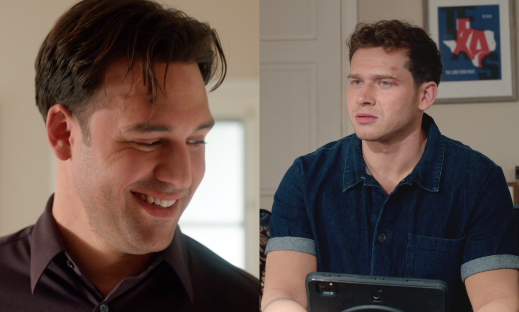 Split screen image of Eddie smiling and Buck looking troubled.