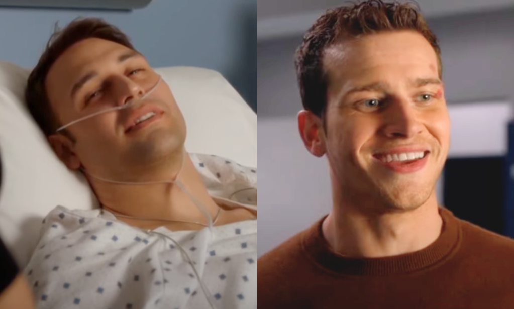 Split screen image of Eddie in hospital having woken up after surgery and Buck smiling.