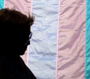 A silhouette in front of a trans flag.