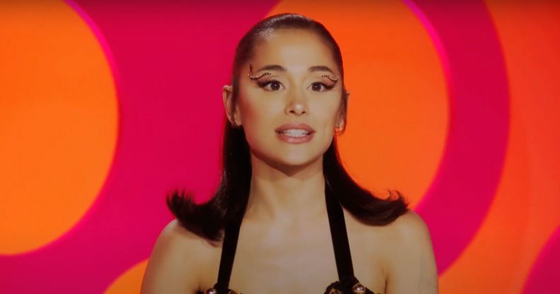 A still of Ariana Grande on the Drag Race season 15 judging panel, taken from the trailer teasing her appearance.