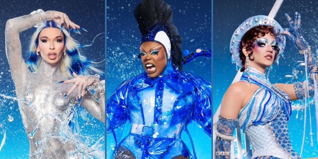 The promo images for Drag Race season 17 contestants Lexi Love, Onya Nurve, and Suzie Toot.