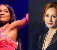 On the left, a photo of Azealia Banks performing with a microphone in a pink outfit. On the right, JK Rowling in a blue dress at a red carpet premiere in 2018.