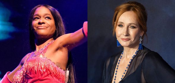 On the left, a photo of Azealia Banks performing with a microphone in a pink outfit. On the right, JK Rowling in a blue dress at a red carpet premiere in 2018.