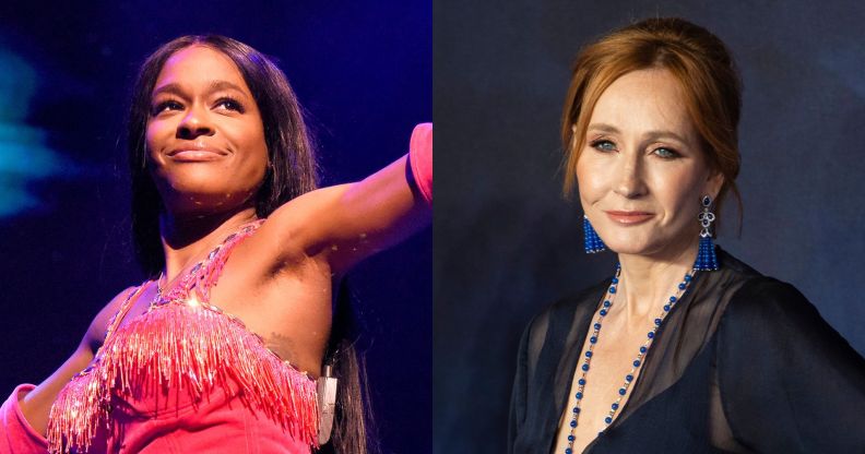 On the left, a photo of Azealia Banks performing with a microphone in a pink outfit. On the right, JK Rowling in a blue dress at a red carpet premiere in 2018.