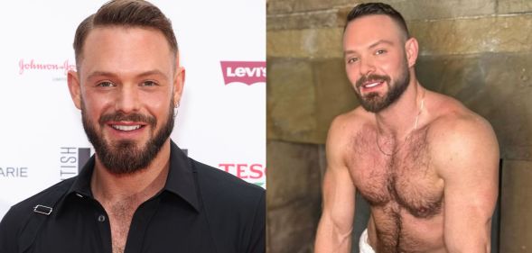 John Whatie on the left at a red carpet event in a black shirt, smiling. John Whaite on the right shirtless, wearing just a towel in a new photo.