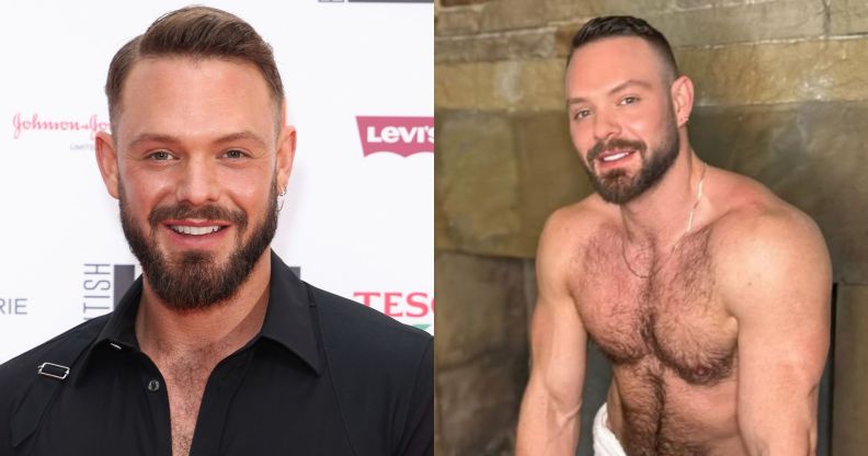 John Whatie on the left at a red carpet event in a black shirt, smiling. John Whaite on the right shirtless, wearing just a towel in a new photo.