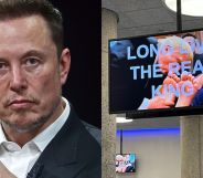 A split image of Elon Musk and a TV showing an AI clip of Donald Trump kissing Musk's feet.