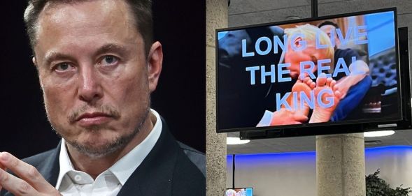 A split image of Elon Musk and a TV showing an AI clip of Donald Trump kissing Musk's feet.