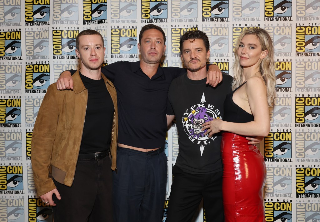 (L-R) Joseph Quinn, Ebon Moss-Bachrach, Pedro Pascal and Vanessa Kirby at 2024 Comic-Con International in San Diego, California. 