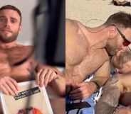 On the left, Gus Kenworth poses with a photo book covering his privates. On the right, Gus Kenworthy kisses a man while shirtless on a beach.