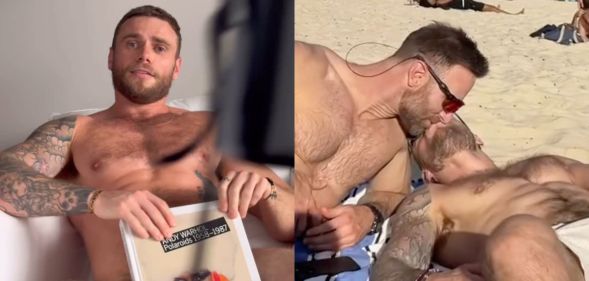 On the left, Gus Kenworth poses with a photo book covering his privates. On the right, Gus Kenworthy kisses a man while shirtless on a beach.