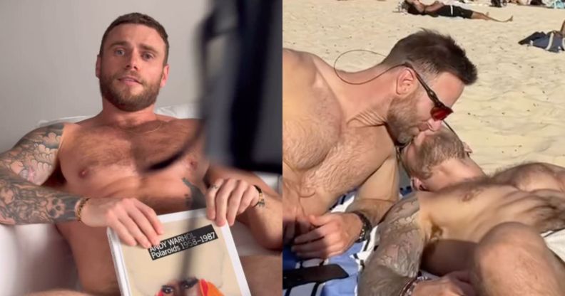 On the left, Gus Kenworth poses with a photo book covering his privates. On the right, Gus Kenworthy kisses a man while shirtless on a beach.