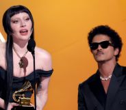 Lady Gaga and Bruno Mars on stage at the Grammy Awards.