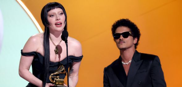 Lady Gaga and Bruno Mars on stage at the Grammy Awards.