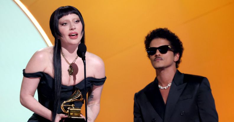 Lady Gaga and Bruno Mars on stage at the Grammy Awards.