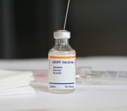 MMR Vaccine in a glass vial for measles, mumps, and rubella.