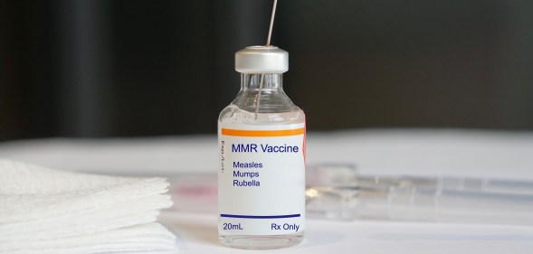 MMR Vaccine in a glass vial for measles, mumps, and rubella.