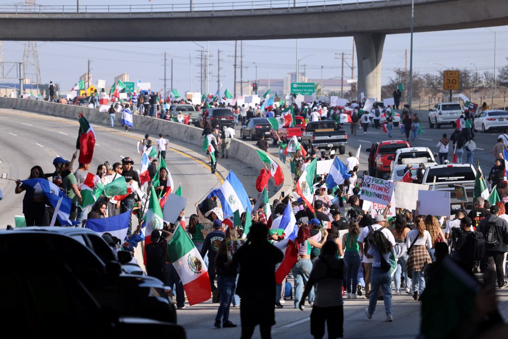 Protestors on the 101 freeway in L.A during immigration protests